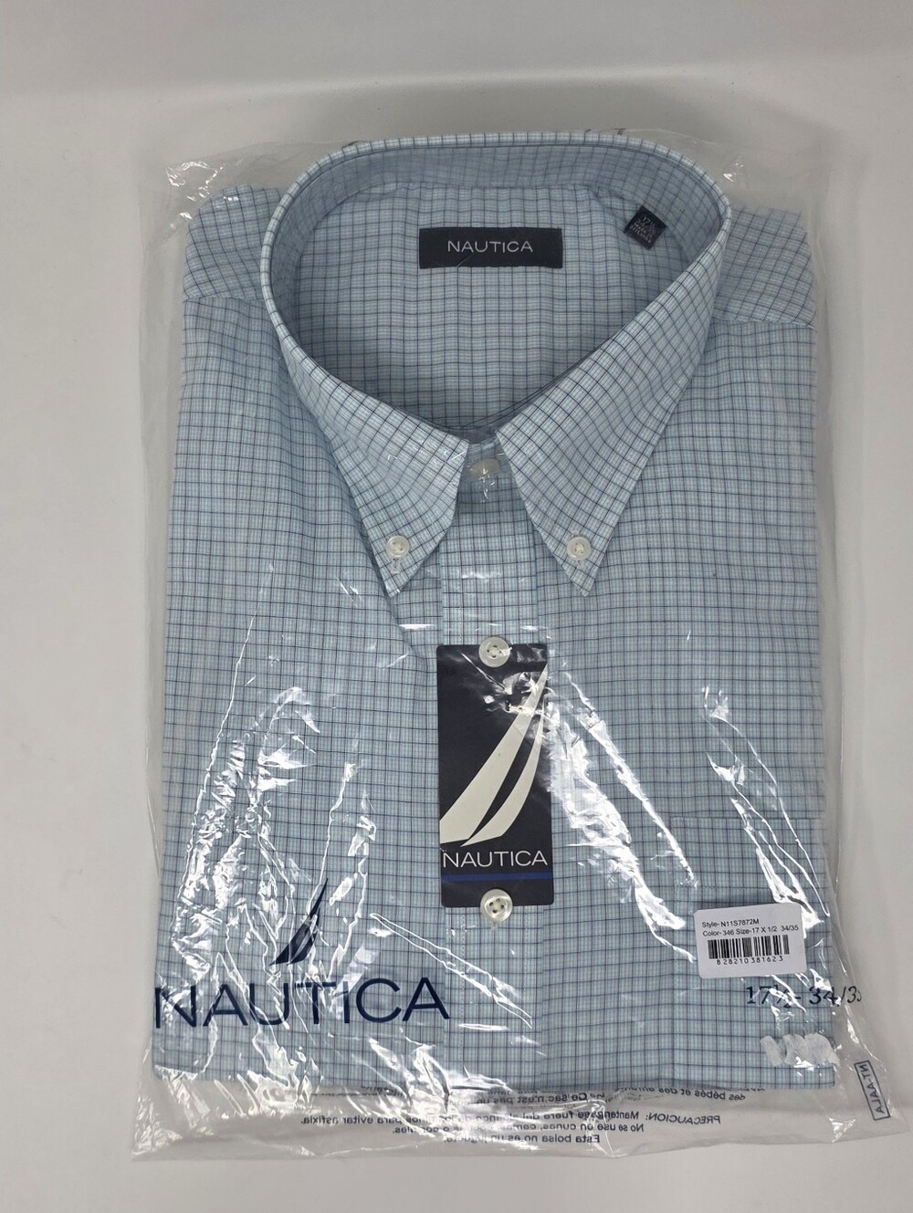 Nautica Men's Long Sleeve Light Blue Plaid Button Down Size 17.5 34/35 NWT